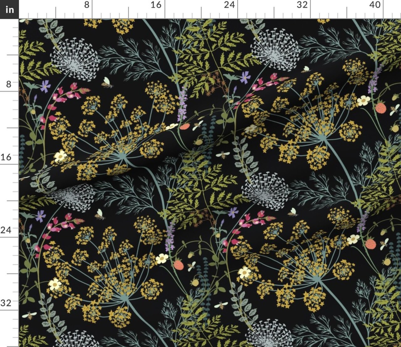 Black Jumbo Botanica Black Green Flowers Leaves Floral Nature Plants Garden Bees Botanical Custom Printed Fabric by Spoonflower Various Fabrics by the Yard or Fat Quarter